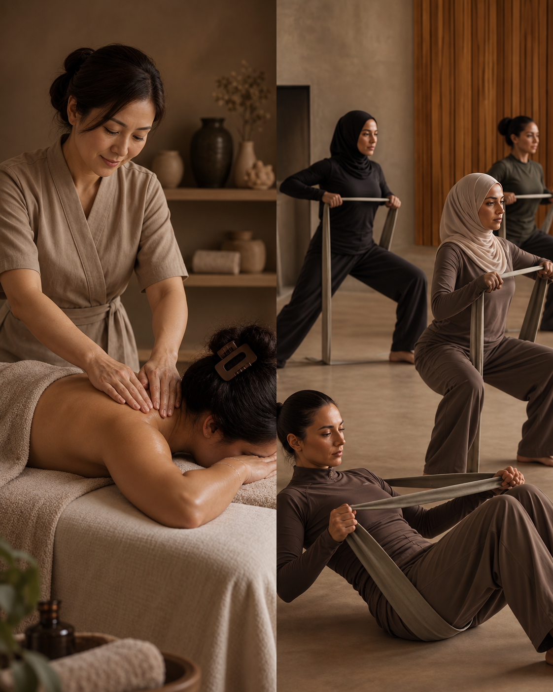 A female therapist performing remedial massage alongside a group of women training intensely with resistance bands in a warm, neutral studio space