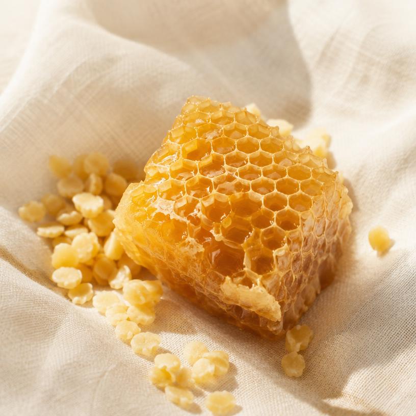 Honeycomb and golden wax pieces, illustrative beeswax ingredient imagery
