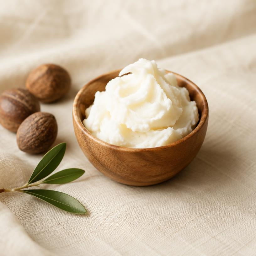 Pale butter with nuts on linen, illustrative shea ingredient imagery