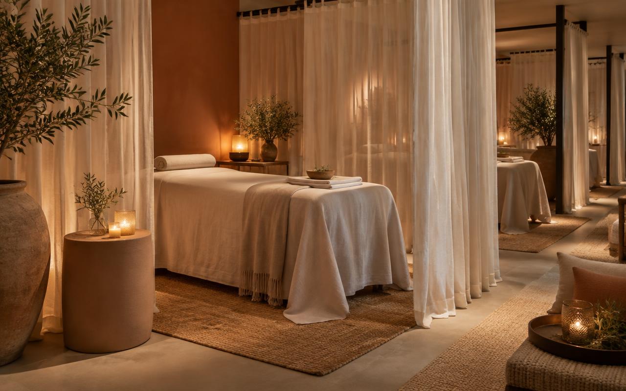 A premium temporary wellness lounge with linen-draped bed and sheer privacy curtains