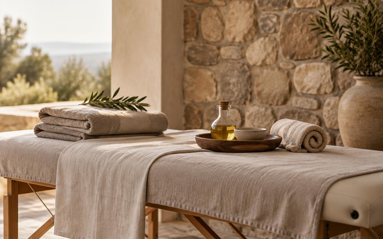 Massage table dressed in warm linen with oil and folded towels