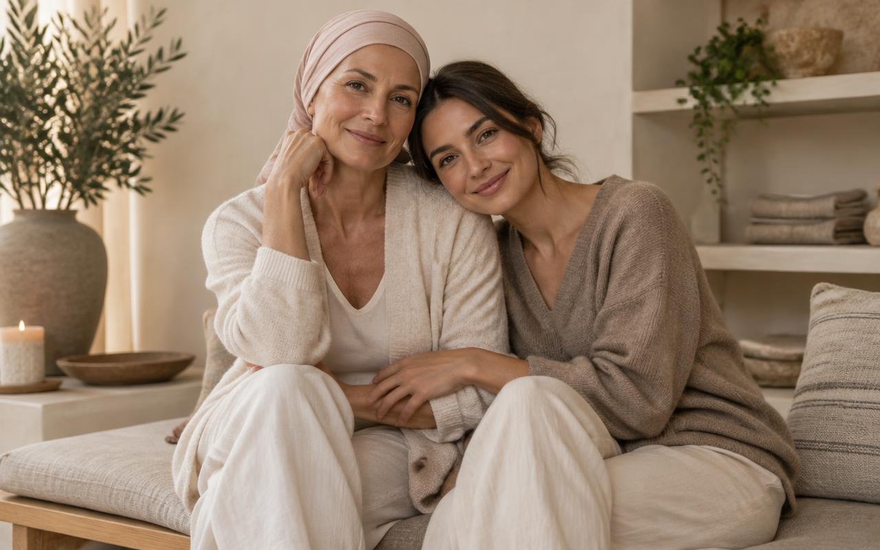 A mother and daughter sitting together in a calm, warm wellness space