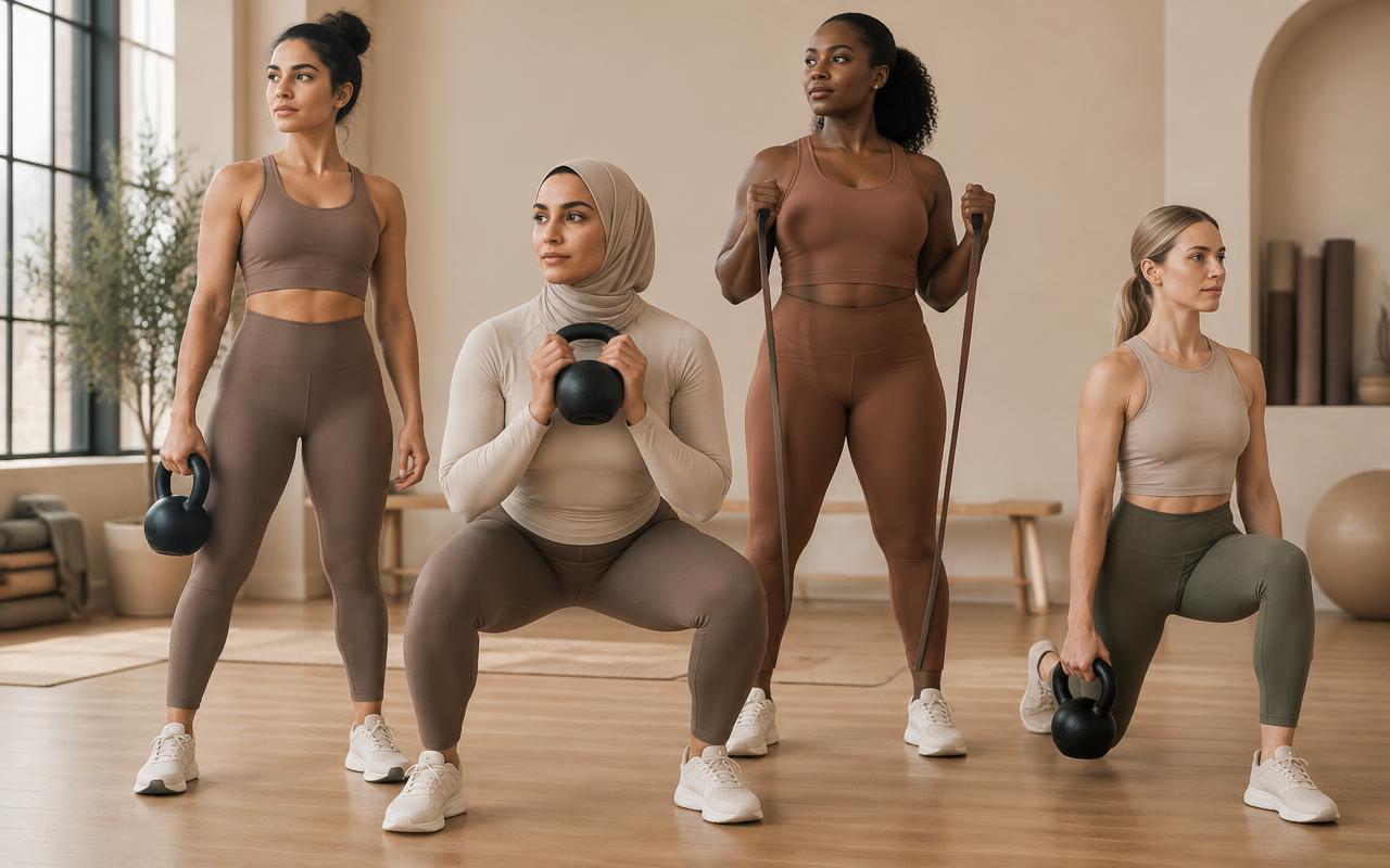 Women training with resistance bands, wrist weights and dumbbells in a warm, neutral space