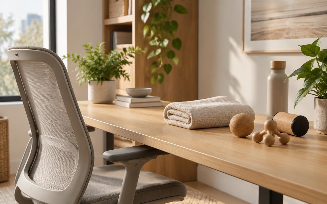 A calm office desk set up for a workplace wellness session